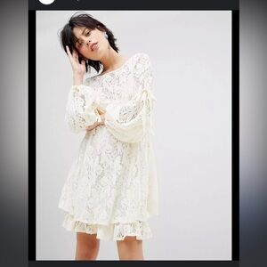 NWT Free People Ruby Lace With Tie Sleeves Ivory Dress, Size xs baby doll